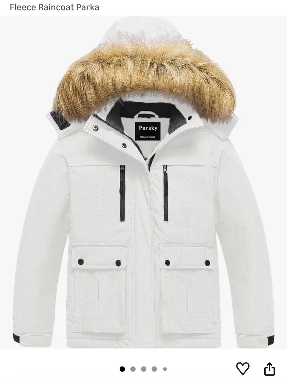 Girls White Fleece Raincoat Parka with Faux Fur Hood
